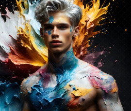 AI-generated abstract art of handsome men controlling swirling vortexes of colorful fluid and water in motion. Dynamic, surreal, vivid digital male art by Jeff Dupler.