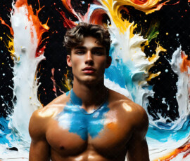 AI-generated abstract art of handsome men controlling swirling vortexes of colorful fluid and water in motion. Dynamic, surreal, vivid digital male art by Jeff Dupler.