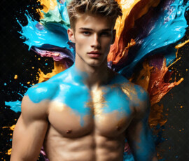 AI-generated abstract art of handsome men controlling swirling vortexes of colorful fluid and water in motion. Dynamic, surreal, vivid digital male art by Jeff Dupler.