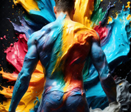 AI-generated abstract art of handsome men controlling swirling vortexes of colorful fluid and water in motion. Dynamic, surreal, vivid digital male art by Jeff Dupler.