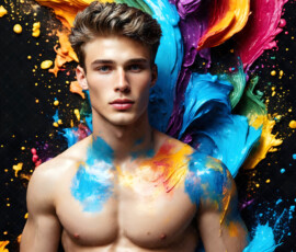 AI-generated abstract art of handsome men controlling swirling vortexes of colorful fluid and water in motion. Dynamic, surreal, vivid digital male art by Jeff Dupler.
