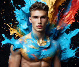AI-generated abstract art of handsome men controlling swirling vortexes of colorful fluid and water in motion. Dynamic, surreal, vivid digital male art by Jeff Dupler.