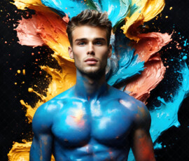 AI-generated abstract art of handsome men controlling swirling vortexes of colorful fluid and water in motion. Dynamic, surreal, vivid digital male art by Jeff Dupler.