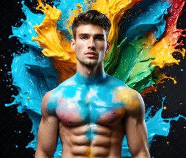 AI-generated abstract art of handsome men controlling swirling vortexes of colorful fluid and water in motion. Dynamic, surreal, vivid digital male art by Jeff Dupler.