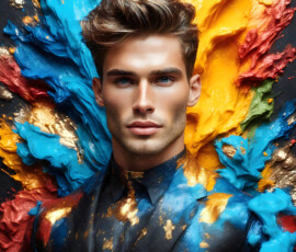 AI-generated abstract art of handsome men controlling swirling vortexes of colorful fluid and water in motion. Dynamic, surreal, vivid digital male art by Jeff Dupler.