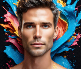 AI-generated abstract art of handsome men controlling swirling vortexes of colorful fluid and water in motion. Dynamic, surreal, vivid digital male art by Jeff Dupler.