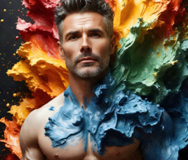 AI-generated abstract art of handsome men controlling swirling vortexes of colorful fluid and water in motion. Dynamic, surreal, vivid digital male art by Jeff Dupler.