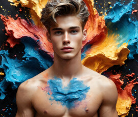 AI-generated abstract art of handsome men controlling swirling vortexes of colorful fluid and water in motion. Dynamic, surreal, vivid digital male art by Jeff Dupler.
