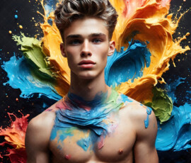 AI-generated abstract art of handsome men controlling swirling vortexes of colorful fluid and water in motion. Dynamic, surreal, vivid digital male art by Jeff Dupler.