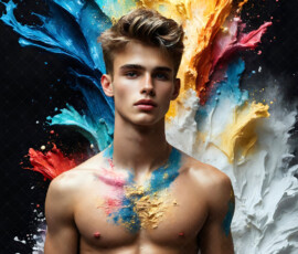 AI-generated abstract art of handsome men controlling swirling vortexes of colorful fluid and water in motion. Dynamic, surreal, vivid digital male art by Jeff Dupler.