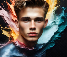 AI-generated abstract art of handsome men controlling swirling vortexes of colorful fluid and water in motion. Dynamic, surreal, vivid digital male art by Jeff Dupler.