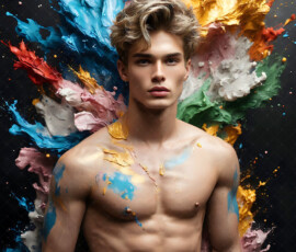 AI-generated abstract art of handsome men controlling swirling vortexes of colorful fluid and water in motion. Dynamic, surreal, vivid digital male art by Jeff Dupler.