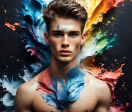 AI-generated abstract art of handsome men controlling swirling vortexes of colorful fluid and water in motion. Dynamic, surreal, vivid digital male art by Jeff Dupler.