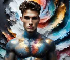 AI-generated abstract art of handsome men controlling swirling vortexes of colorful fluid and water in motion. Dynamic, surreal, vivid digital male art by Jeff Dupler.