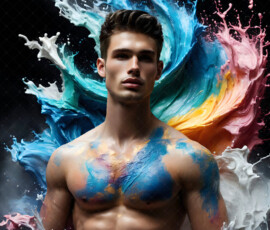 AI-generated abstract art of handsome men controlling swirling vortexes of colorful fluid and water in motion. Dynamic, surreal, vivid digital male art by Jeff Dupler.