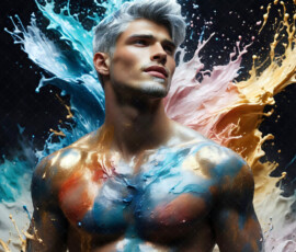 AI-generated abstract art of handsome men controlling swirling vortexes of colorful fluid and water in motion. Dynamic, surreal, vivid digital male art by Jeff Dupler.
