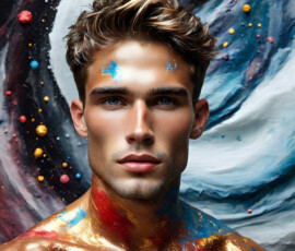 AI-generated abstract art of handsome men controlling swirling vortexes of colorful fluid and water in motion. Dynamic, surreal, vivid digital male art by Jeff Dupler.