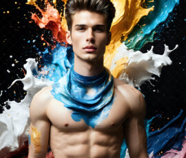 AI-generated abstract art of handsome men controlling swirling vortexes of colorful fluid and water in motion. Dynamic, surreal, vivid digital male art by Jeff Dupler.