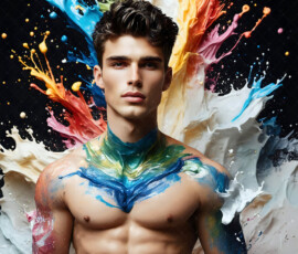 AI-generated abstract art of handsome men controlling swirling vortexes of colorful fluid and water in motion. Dynamic, surreal, vivid digital male art by Jeff Dupler.