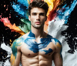 AI-generated abstract art of handsome men controlling swirling vortexes of colorful fluid and water in motion. Dynamic, surreal, vivid digital male art by Jeff Dupler.