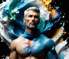 AI-generated abstract art of handsome men controlling swirling vortexes of colorful fluid and water in motion. Dynamic, surreal, vivid digital male art by Jeff Dupler.