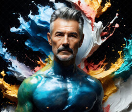 AI-generated abstract art of handsome men controlling swirling vortexes of colorful fluid and water in motion. Dynamic, surreal, vivid digital male art by Jeff Dupler.