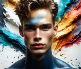 AI-generated abstract art of handsome men controlling swirling vortexes of colorful fluid and water in motion. Dynamic, surreal, vivid digital male art by Jeff Dupler.