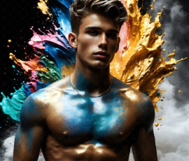 AI-generated abstract art of handsome men controlling swirling vortexes of colorful fluid and water in motion. Dynamic, surreal, vivid digital male art by Jeff Dupler.