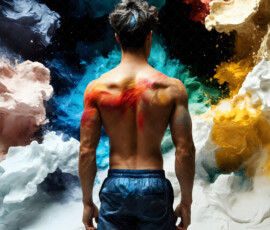 AI-generated abstract art of handsome men controlling swirling vortexes of colorful fluid and water in motion. Dynamic, surreal, vivid digital male art by Jeff Dupler.