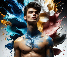 AI-generated abstract art of handsome men controlling swirling vortexes of colorful fluid and water in motion. Dynamic, surreal, vivid digital male art by Jeff Dupler.