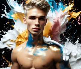 AI-generated abstract art of handsome men controlling swirling vortexes of colorful fluid and water in motion. Dynamic, surreal, vivid digital male art by Jeff Dupler.