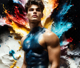 AI-generated abstract art of handsome men controlling swirling vortexes of colorful fluid and water in motion. Dynamic, surreal, vivid digital male art by Jeff Dupler.