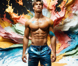 AI-generated abstract art of handsome men controlling swirling vortexes of colorful fluid and water in motion. Dynamic, surreal, vivid digital male art by Jeff Dupler.
