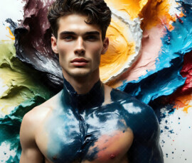 AI-generated abstract art of handsome men controlling swirling vortexes of colorful fluid and water in motion. Dynamic, surreal, vivid digital male art by Jeff Dupler.