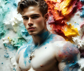 AI-generated abstract art of handsome men controlling swirling vortexes of colorful fluid and water in motion. Dynamic, surreal, vivid digital male art by Jeff Dupler.