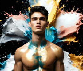 AI-generated abstract art of handsome men controlling swirling vortexes of colorful fluid and water in motion. Dynamic, surreal, vivid digital male art by Jeff Dupler.