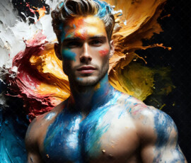 AI-generated abstract art of handsome men controlling swirling vortexes of colorful fluid and water in motion. Dynamic, surreal, vivid digital male art by Jeff Dupler.