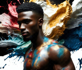 AI-generated abstract art of handsome men controlling swirling vortexes of colorful fluid and water in motion. Dynamic, surreal, vivid digital male art by Jeff Dupler.