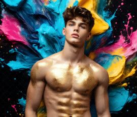 AI-generated abstract art of handsome men controlling swirling vortexes of colorful fluid and water in motion. Dynamic, surreal, vivid digital male art by Jeff Dupler.