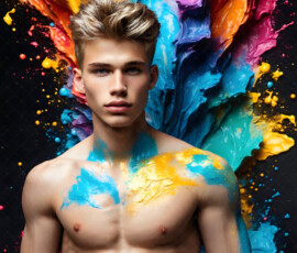 AI-generated abstract art of handsome men controlling swirling vortexes of colorful fluid and water in motion. Dynamic, surreal, vivid digital male art by Jeff Dupler.
