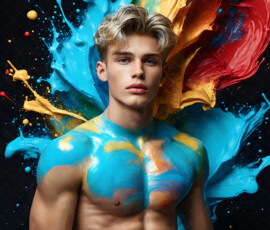 AI-generated abstract art of handsome men controlling swirling vortexes of colorful fluid and water in motion. Dynamic, surreal, vivid digital male art by Jeff Dupler.