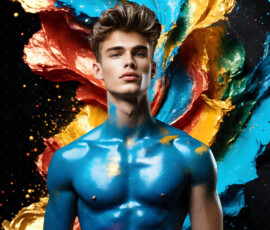 AI-generated abstract art of handsome men controlling swirling vortexes of colorful fluid and water in motion. Dynamic, surreal, vivid digital male art by Jeff Dupler.