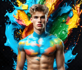 AI-generated abstract art of handsome men controlling swirling vortexes of colorful fluid and water in motion. Dynamic, surreal, vivid digital male art by Jeff Dupler.