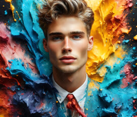 AI-generated abstract art of handsome men controlling swirling vortexes of colorful fluid and water in motion. Dynamic, surreal, vivid digital male art by Jeff Dupler.