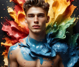 AI-generated abstract art of handsome men controlling swirling vortexes of colorful fluid and water in motion. Dynamic, surreal, vivid digital male art by Jeff Dupler.