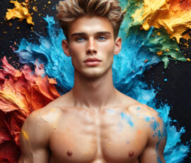 AI-generated abstract art of handsome men controlling swirling vortexes of colorful fluid and water in motion. Dynamic, surreal, vivid digital male art by Jeff Dupler.