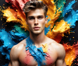 AI-generated abstract art of handsome men controlling swirling vortexes of colorful fluid and water in motion. Dynamic, surreal, vivid digital male art by Jeff Dupler.