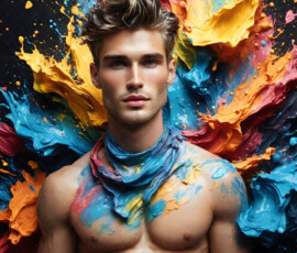 AI-generated abstract art of handsome men controlling swirling vortexes of colorful fluid and water in motion. Dynamic, surreal, vivid digital male art by Jeff Dupler.