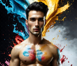 AI-generated abstract art of handsome men controlling swirling vortexes of colorful fluid and water in motion. Dynamic, surreal, vivid digital male art by Jeff Dupler.