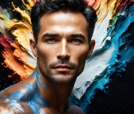 AI-generated abstract art of handsome men controlling swirling vortexes of colorful fluid and water in motion. Dynamic, surreal, vivid digital male art by Jeff Dupler.